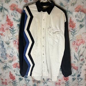 Vintage Black and White Button-Up Shirt with Blue Accents